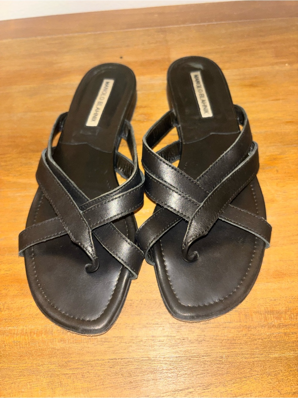 Manolo Blahnik Black Leather Crisscross Toe-Loop Sandals with Square Toe